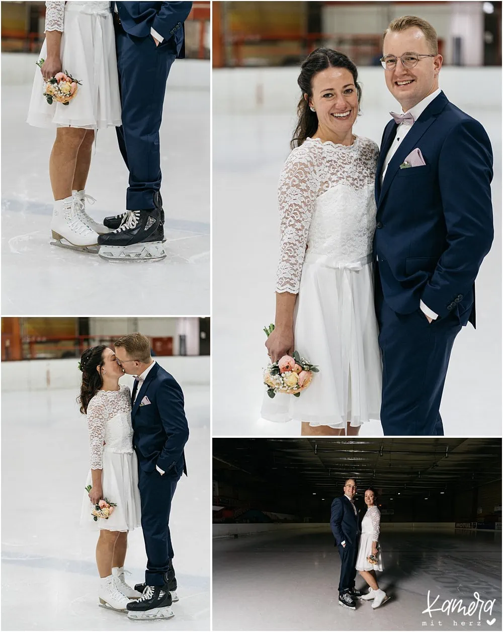 Brautpaar mit Schlittschuhen auf dem Eis