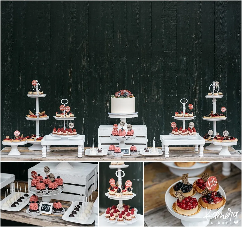 moderne Hochzeitstorte und sweet table