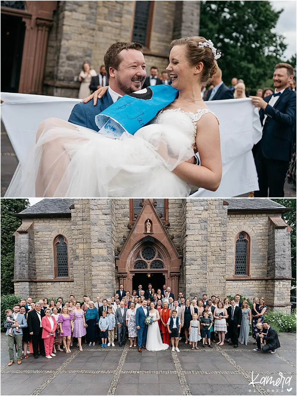 Hochzeit im Hotel zur Post 17 Braut wird an der Kirche durchs Tuch getragen